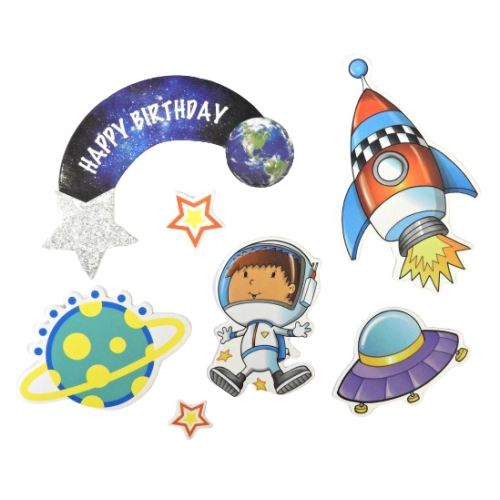 Topper piker ozdoby na tort babeczki kosmos planeta gwiazdki ufo dekoracje urodzinowe zestaw 7 sztuk